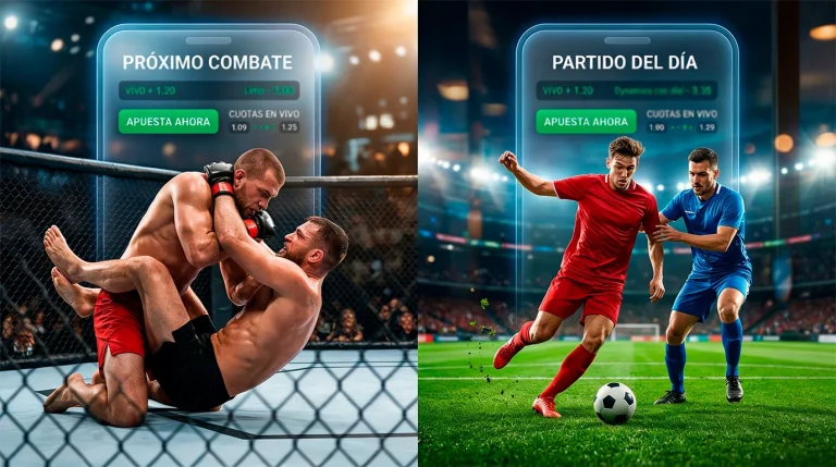 Octogono de UFC junto a un campo de futbol en pantalla dividida con cuotas de apuestas