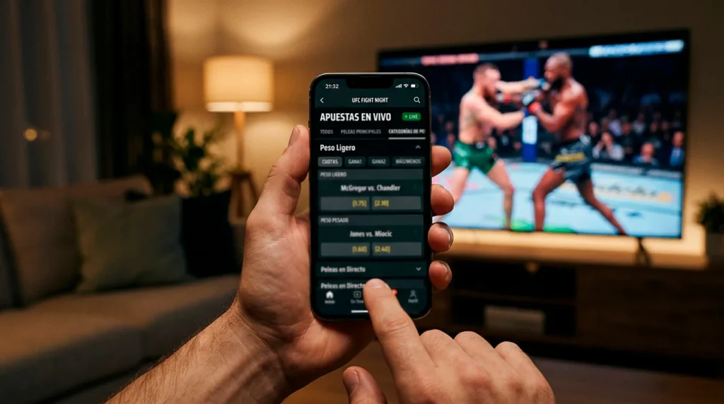 Mano sosteniendo un smartphone con la app de un operador de apuestas mostrando un combate UFC en vivo