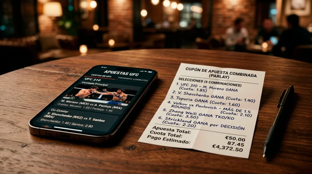 Boleto de apuestas deportivas junto a un octogono de UFC en una pantalla de operador