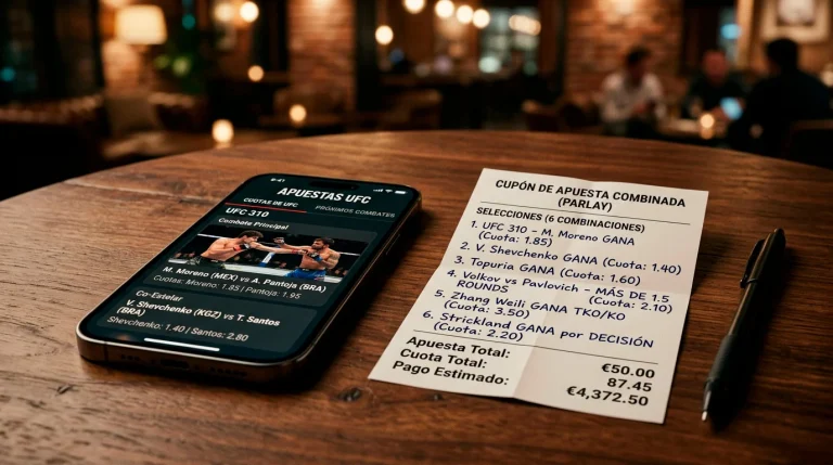 Boleto de apuestas deportivas junto a un octogono de UFC en una pantalla de operador