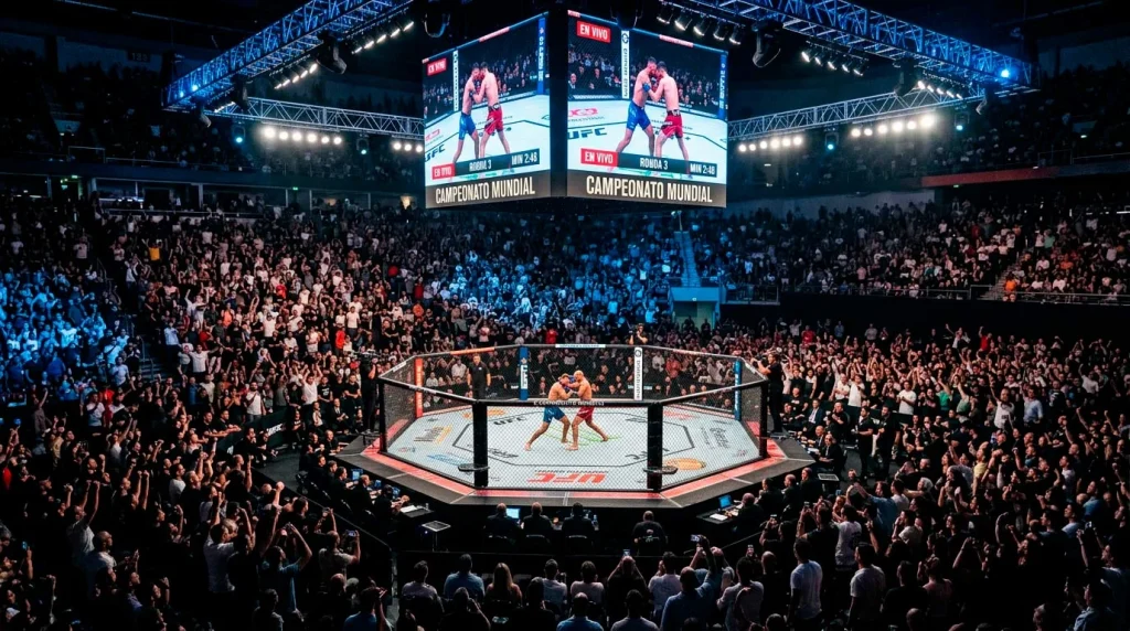 Apuestas UFC en vivo: público viendo un combate de MMA en directo con el octágono iluminado