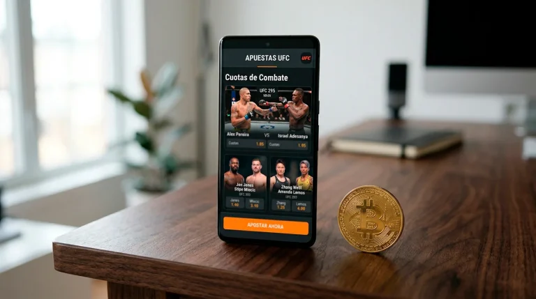 Arena de UFC preparada para un evento con pantallas mostrando cartelera de combates y cuotas