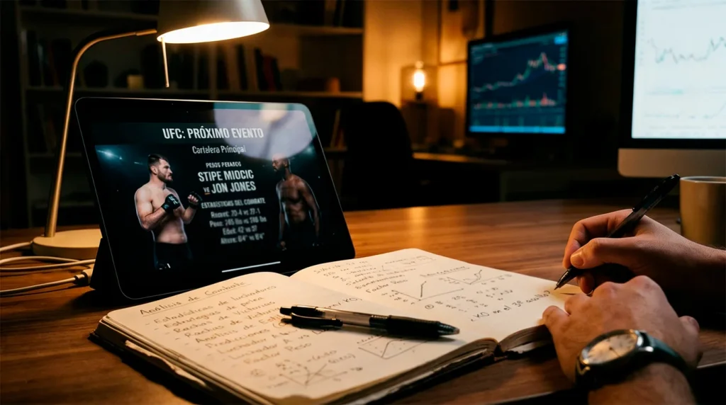 Libreta de analisis con estadisticas de peleadores junto a una pantalla con la cartelera de un evento UFC