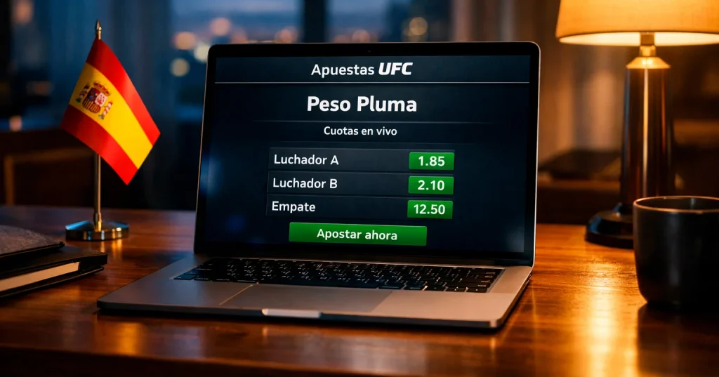Pantalla de apuestas mostrando cuotas de un combate de UFC con bandera de Espana de fondo