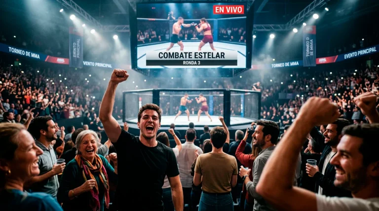 Publico animando en un evento de UFC en una arena con pantallas gigantes mostrando el combate