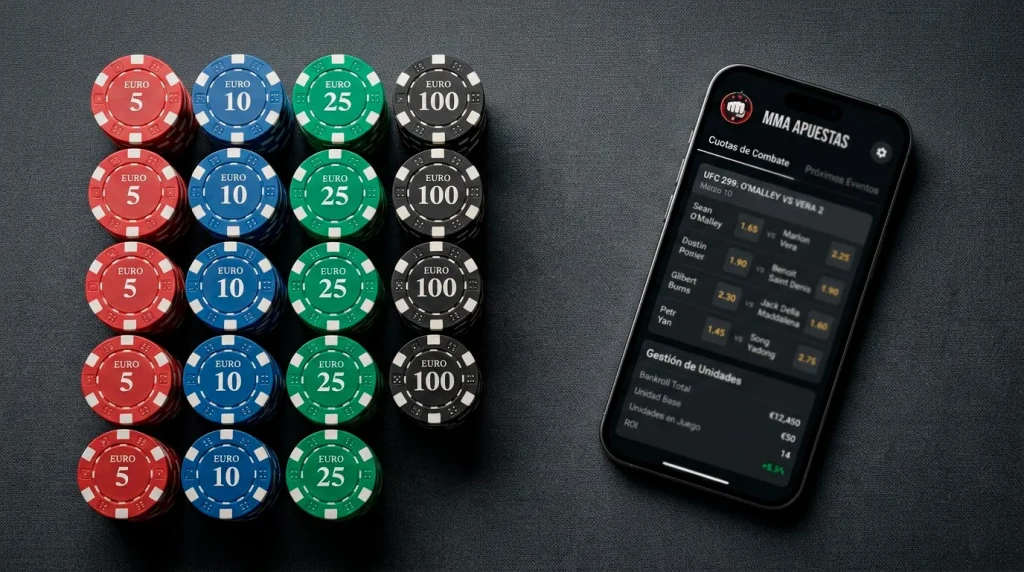 Fichas de apuestas deportivas organizadas en grupos sobre una mesa junto a un telefono con cuotas de UFC