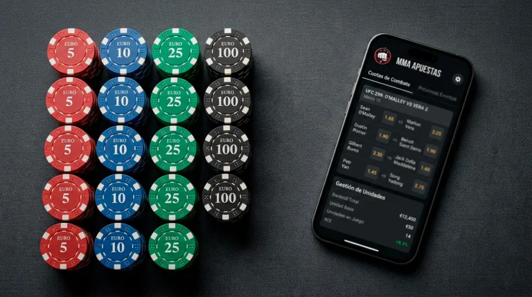 Fichas de apuestas deportivas organizadas en grupos sobre una mesa junto a un telefono con cuotas de UFC