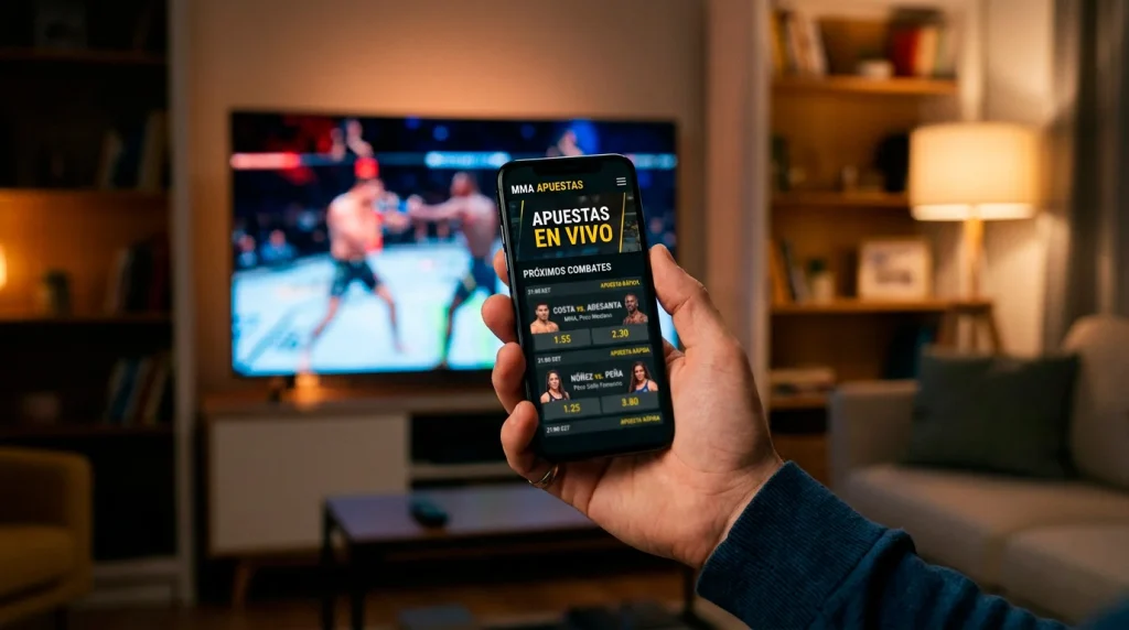 Casas de apuestas UFC en España: smartphone mostrando mercados de MMA junto al octágono iluminado