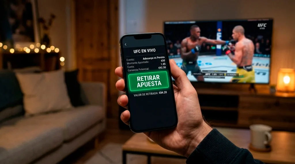 Pantalla de telefono mostrando la opcion de cash out durante un combate de UFC en vivo