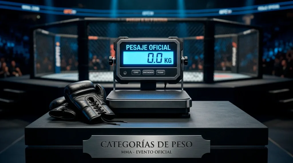 Bascula de pesaje oficial de UFC con guantes de MMA al lado