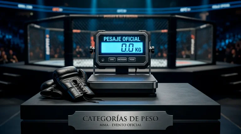 Bascula de pesaje oficial de UFC con guantes de MMA al lado