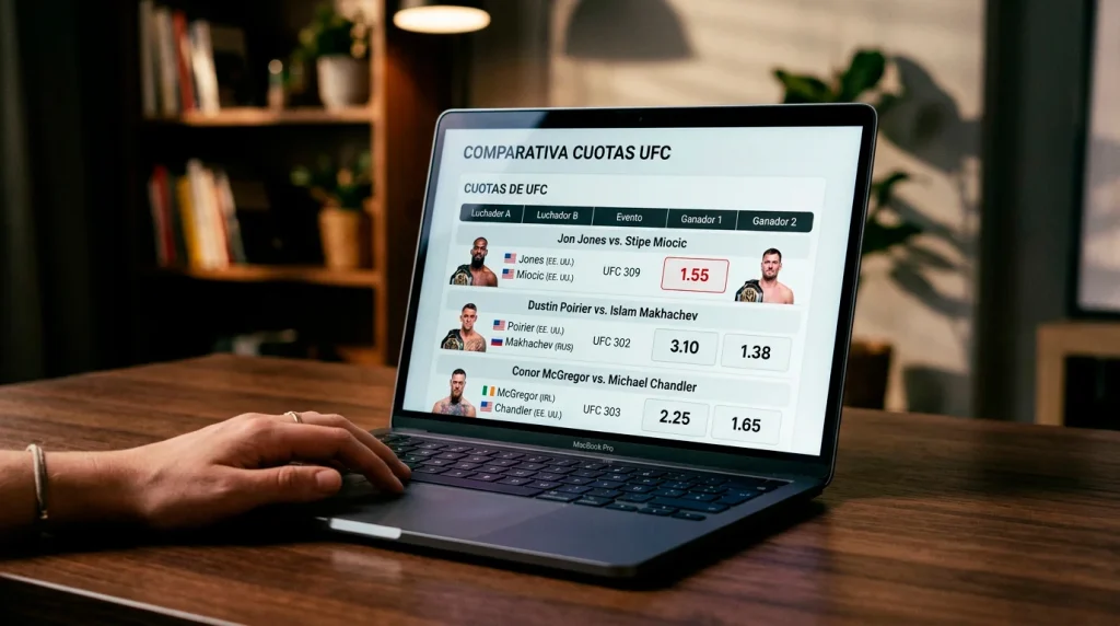 Cuotas UFC: primer plano de una pantalla con líneas de apuesta decimales sobre un fondo del octágono