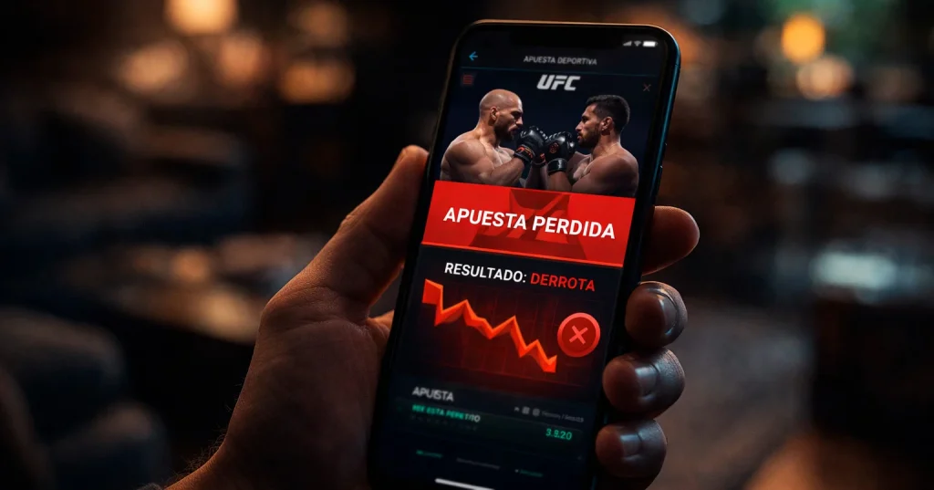 Mano sosteniendo un telefono con una apuesta perdida en un combate de UFC