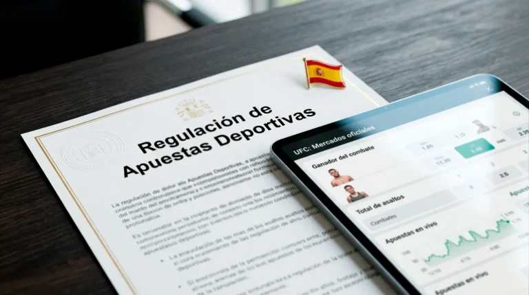 Documento oficial con sello de la DGOJ junto a una pantalla mostrando mercados de apuestas UFC