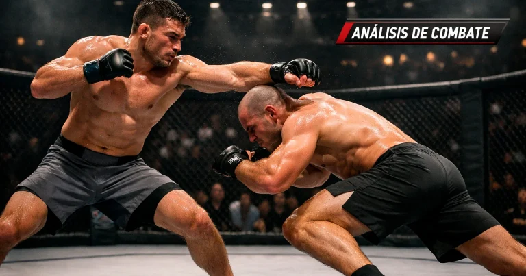 Dos peleadores de MMA en el octogono, uno en posicion de striking y otro intentando un takedown