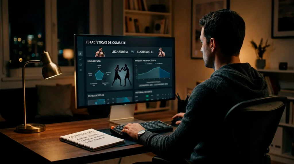 Estrategias de apuestas UFC: analista estudiando estadísticas de peleadores de MMA en una pantalla