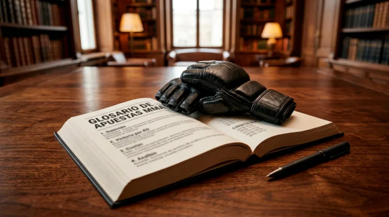 Guantes de MMA sobre un libro abierto con terminologia de apuestas deportivas