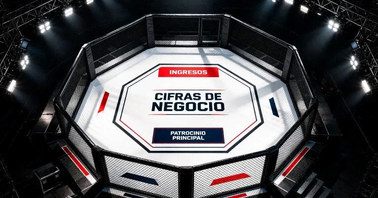 Octogono de UFC visto desde arriba con logos de patrocinadores visibles en la lona