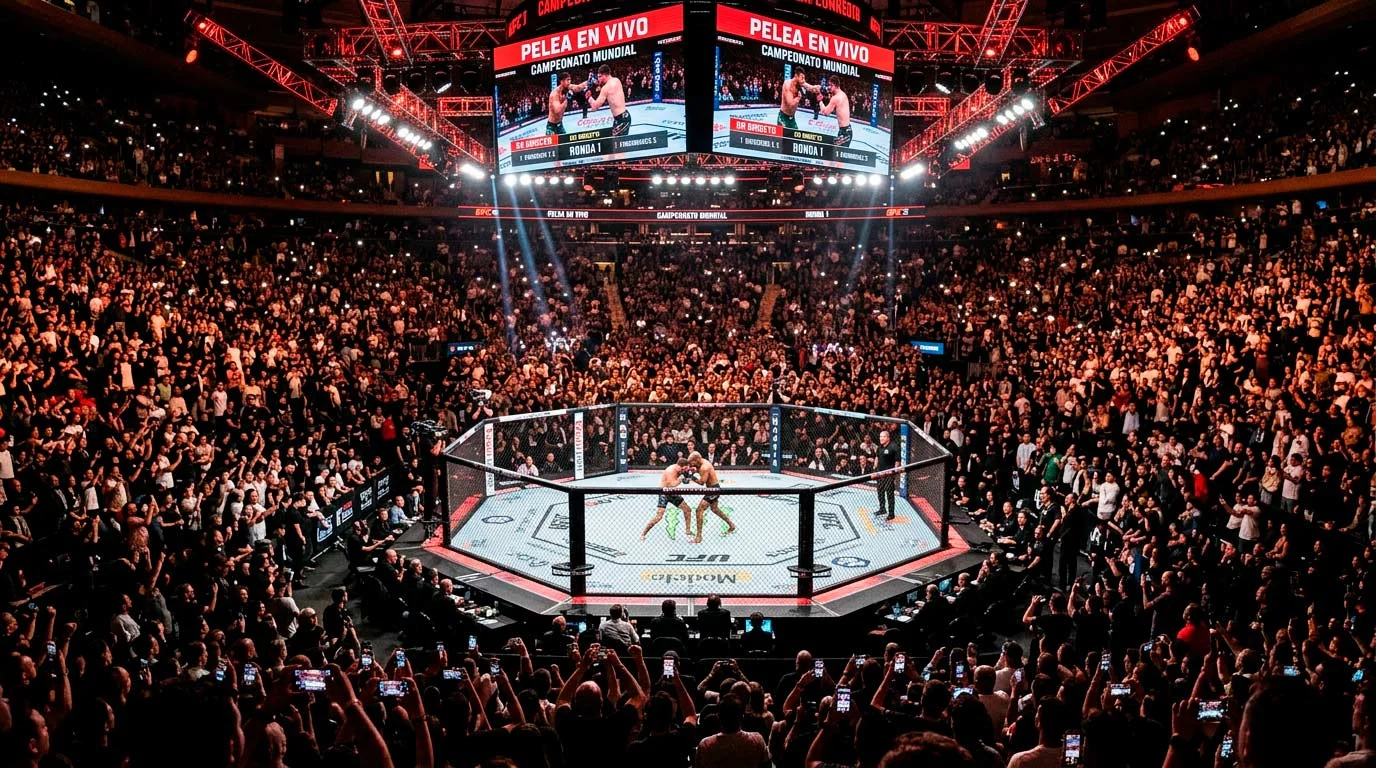 Arena de UFC llena de espectadores durante un evento de artes marciales mixtas