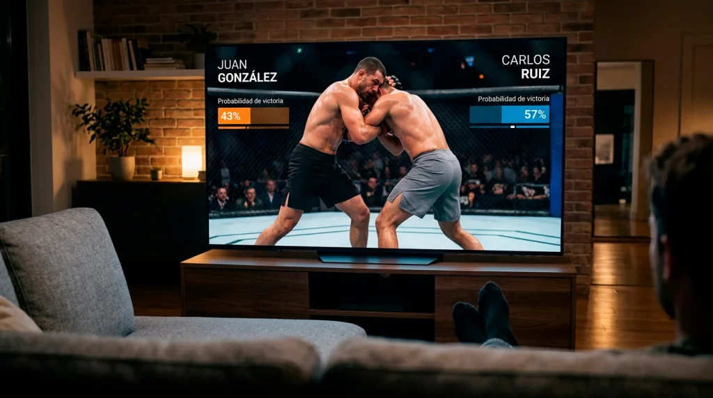 Transmision de UFC en television con grafico de probabilidades de Polymarket sobreimpreso