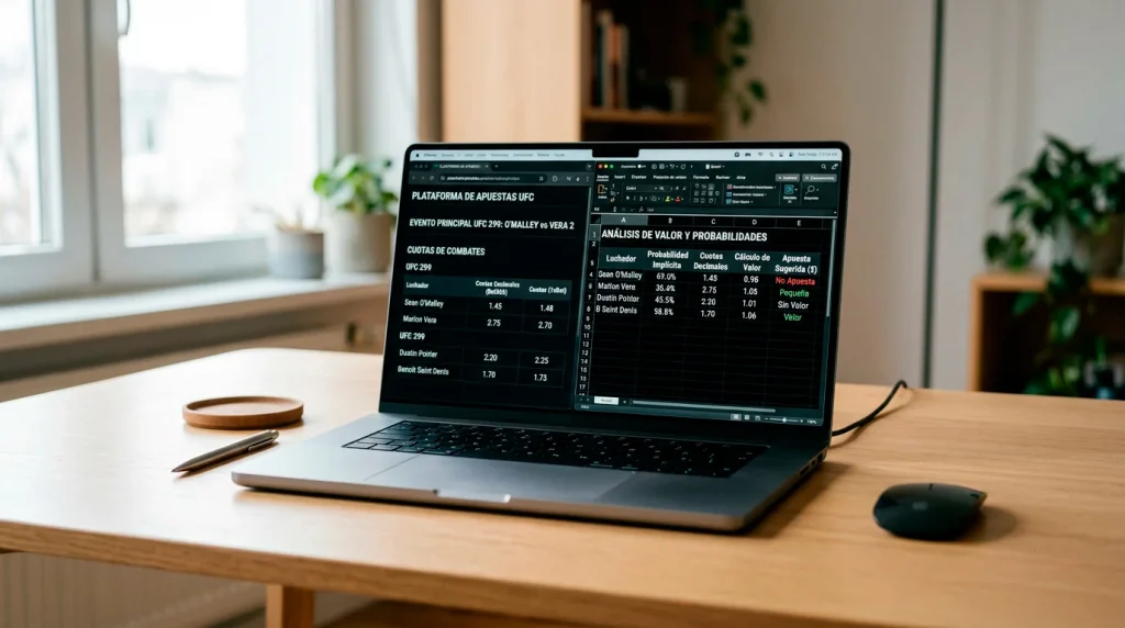 Pantalla con cuotas decimales de un combate UFC y formulas de probabilidad iamplicita