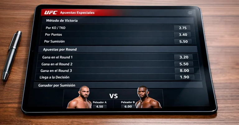 Pantalla de operador de apuestas mostrando multiples mercados prop de un combate UFC