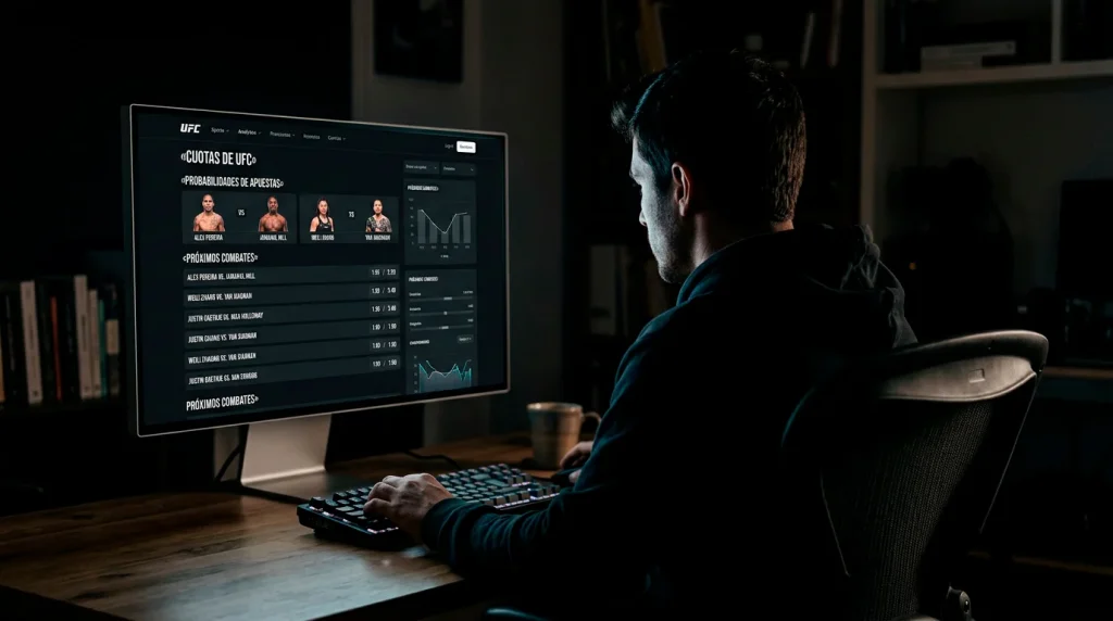 Silueta de un apostador mirando una pantalla con cuotas de UFC mientras reflexiona
