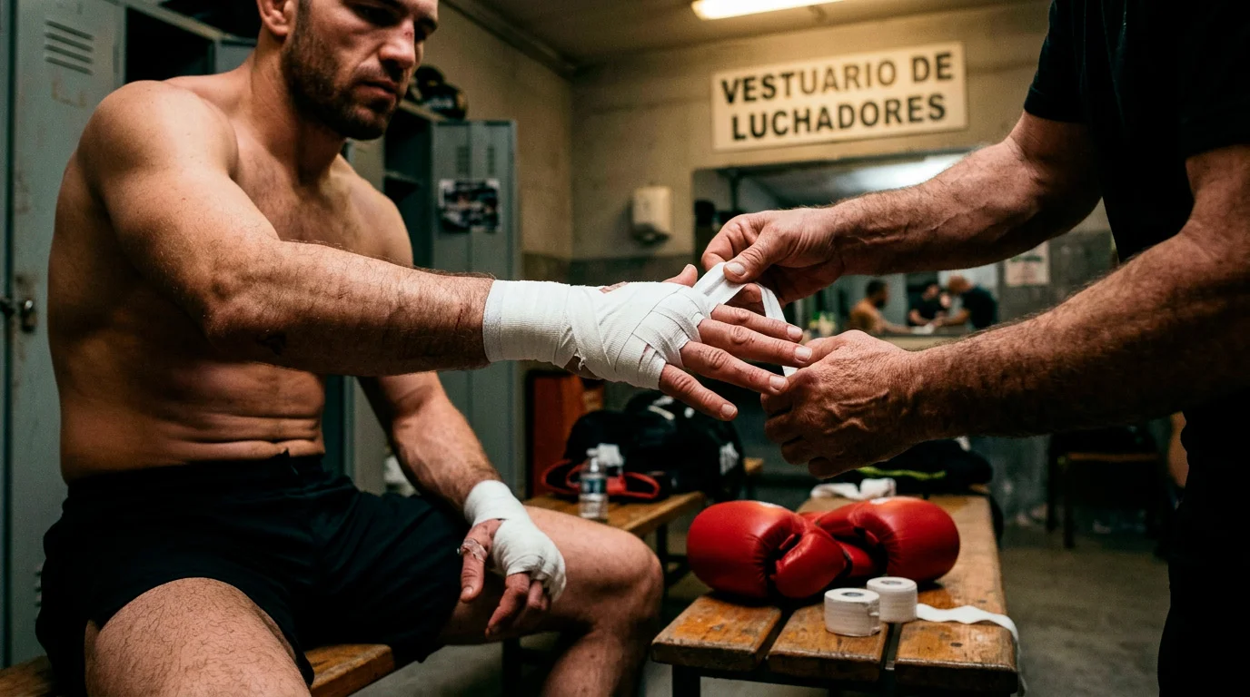 Peleador de MMA preparándose con guantes de UFC antes de un combate