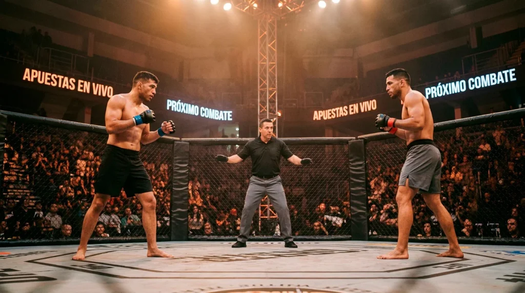 Tipos de apuestas UFC: pantalla de cuotas junto al octágono con peleadores antes del combate